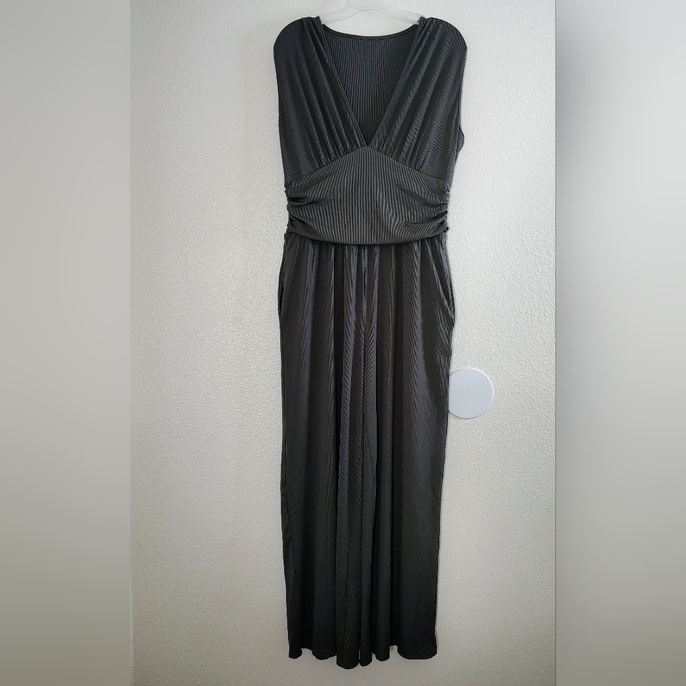 YOZY Gray Ribbed V Neck Wide Leg Jumpsuit Pockets XL Relax Style NWT
